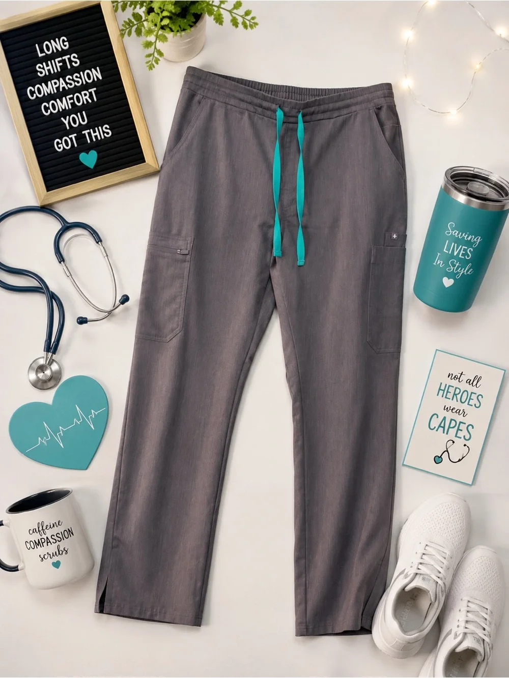 Figs Women’s Gray Scrub Jogger Pants with Teal Drawstring- Yola Skinny scrub - Picture 2 of 4